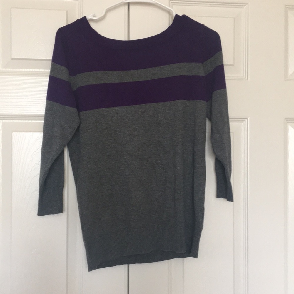 Purple Gray Stripe 3/4 Sleeve Sweater